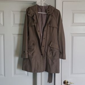 Beige button up/zip hooded trench coat,  Small